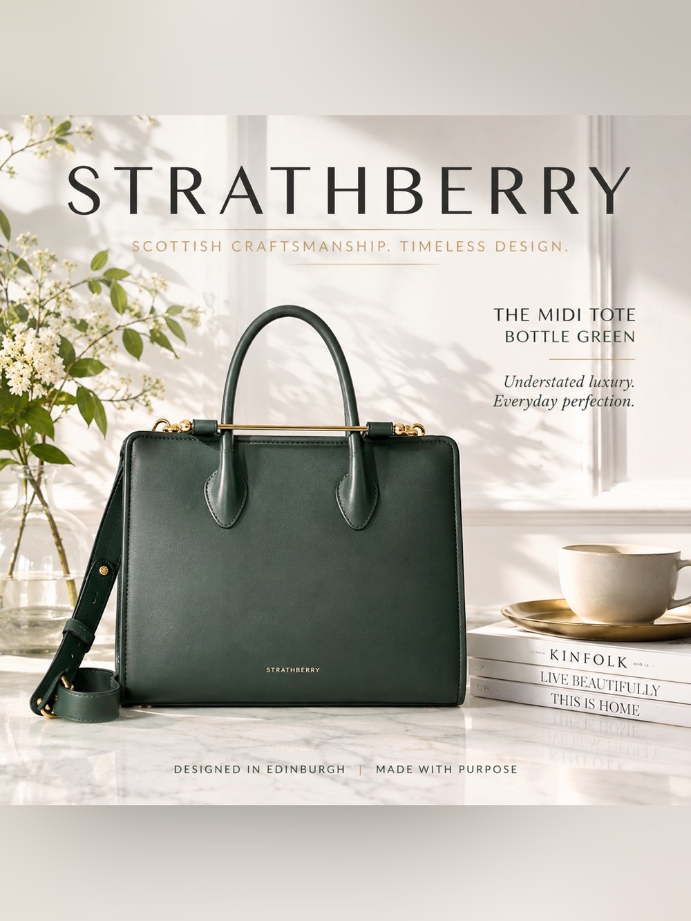 Strathberry Midi medium Tote 👜 Bottle Green Leather Top Handle Shoulder Bag $875 - Picture 16 of 16